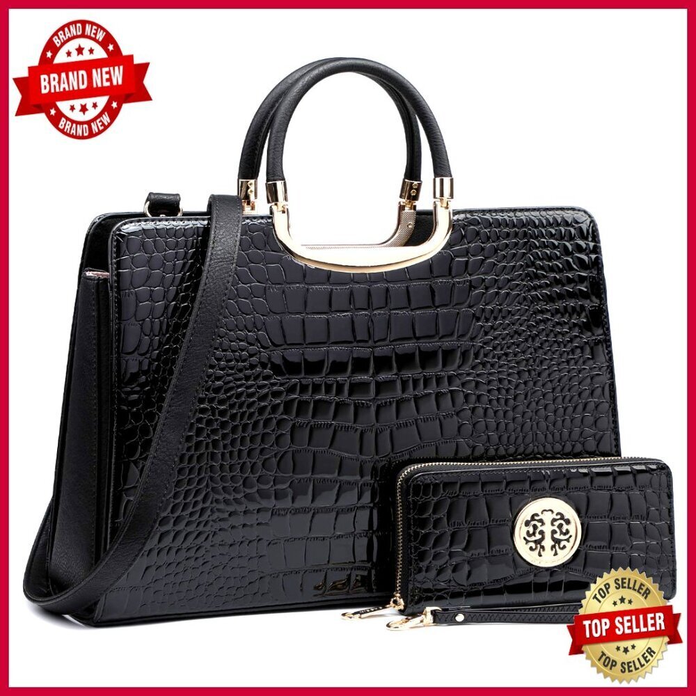 Large Vegan Leather Satchel Purse with Detachable Strap & Wallet